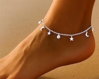Fotlänk i sterlingsilver med måne och stjärna, himmelskt boho-armband