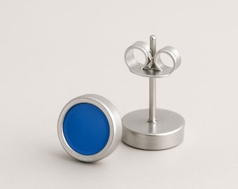Blue Enamel Stud Earrings Hypoallergenic Stainless Steel 8mm