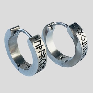 12mm Viking Runes Silver Surgical Stainless Steel Huggies 12mm Hoop Earrings 4mm Thin
