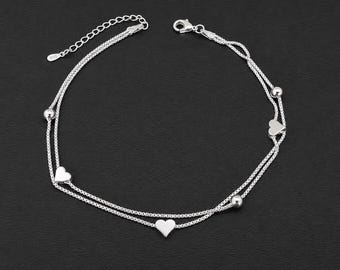 Sterling Silver Double Layer Heart Anklet Beach Bracelet