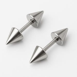 May include: A pair of silver-coloured, cone-shaped earrings with a central post. The earrings have a polished finish and a minimalist design. The earrings are displayed against a white background.