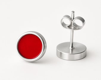 Red Enamel Stud Earrings Hypoallergenic Stainless Steel 8mm