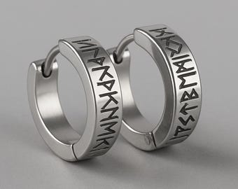 12mm Viking Runes Silver Surgical Stainless Steel Huggies 12mm Hoop Earrings 4mm Thin