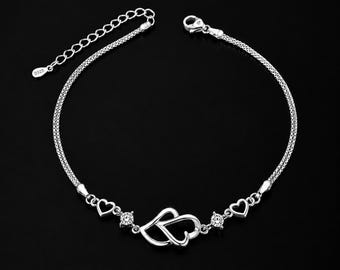 Sterling Silver Double Heart Anklet with Crystal Accents  Minimalist Chain Bracelet