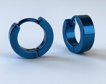 Blue Flat 4mm Hoop Earrings, Unisex Minimalist Jewelry
