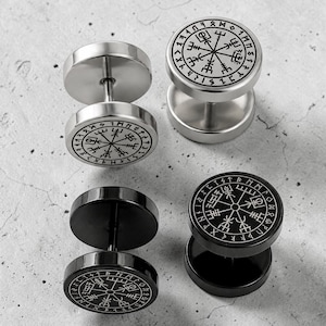 Viking Vegvisir Faux Plug Earrings Titanium Stainless Steel Studs Norse Rune Compass Ear Gauges Unisex Gothic Jewellery