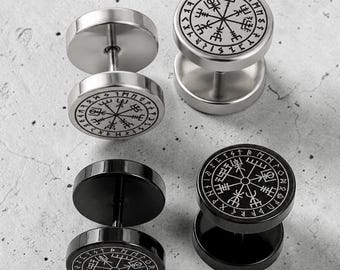 Viking Vegvisir Faux Plug Earrings Titanium Stainless Steel Studs Norse Rune Compass Ear Gauges Unisex Gothic Jewellery