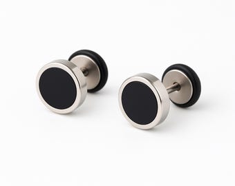 Black Circle Stud Earrings for Men Women Stainless Steel Faux Plug Tunnel Illusion Earrings
