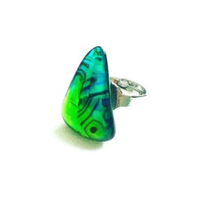 以下が含まれることがあります： 鮮やかな抽象的なリング。大きな涙型の石が特徴です。石は、緑と青の色合いのブレンドと黒の渦巻き模様を示しています。調節可能なシルバーバンドがカラフルな石を引き立て、ユニークなアクセサリーを作り出しています。