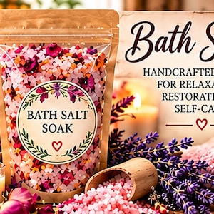 May include: A stand-up pouch filled with multicoloured bath salts, featuring a circular label that reads BATH SALT SOAK with a red heart. Beside it, a wooden scoop rests on a pile of pink salts, surrounded by lavender sprigs and rose petals.