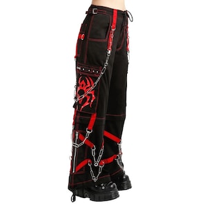 Customize HANDMADE Gothic Black Cargo Pants  Denim Punk ,Wide Leg Loose Pants,  with Chains Straps,Streetwear RED Spider Goth TrendyTechwear