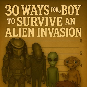 Könnte beinhalten: Buchcover-Illustration: "30 Ways for a Boy to Survive an Alien Invasion". Ein Junge betrachtet vier Alien-Figuren. Der Autor ist Mazurenko Ivan. Der Hintergrund ist beige.
