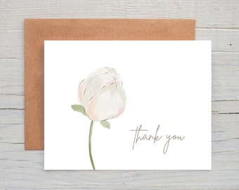 White Watercolor Flower Bud Thank You Cards, Boxed Set of 12, Botanical Thank You Cards, Modern Thank You Cards