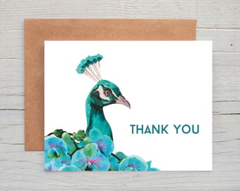 Watercolor Peacock Thank You Card, Tropical Thank You Cards, Set of 12, Happy Thank You Cards, Watercolor Animal, Thank You Card Pack