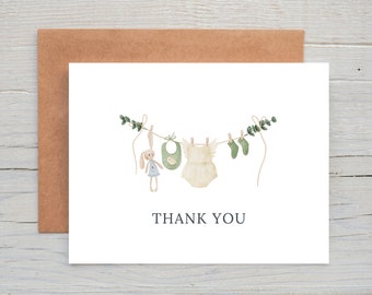 Watercolor Baby Shower Thank You Cards, Watercolor Bunny, Clothesline, It's a Girl, Set of 12 Cards, Thank You Cards, Floral, Eucalyptus