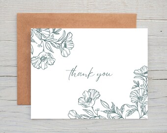 Forest Green Outlined Floral Thank You Cards, Set of 12, Thank You Card Pack, Elegant Thank You Cards