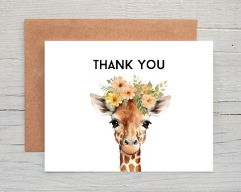 Giraffe Thank You Card, Watercolor Thank You Card, Watercolor Flowers, Cute, Animal, Set of 12, Happy Thank You Cards, Thank You Card Pack