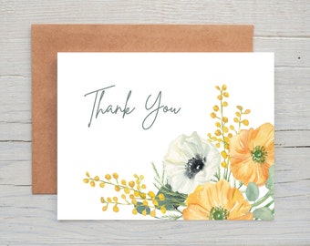 Orange Petunias Watercolor Thank You Cards, Happy Thank You Card, Set of 12, Floral Thank You Cards, Elegant, Botanical, Thank You Card Pack