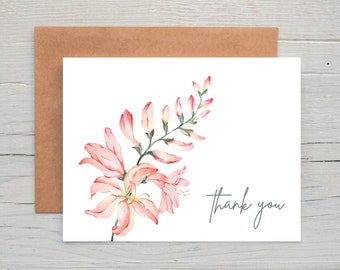 Pink Freesias Watercolor Thank You Cards, Flower Watercolor, Set of 12 Thank You Cards, Floral Thank You Cards, Elegant, Thank You Card Pack