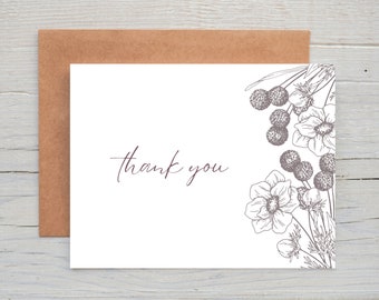 Deep Mauve Outlined Floral Thank You Cards, Set of 12 Thank You Cards, Drumstick Flowers, Elegant Thank You Cards, Modern Thank You Cards