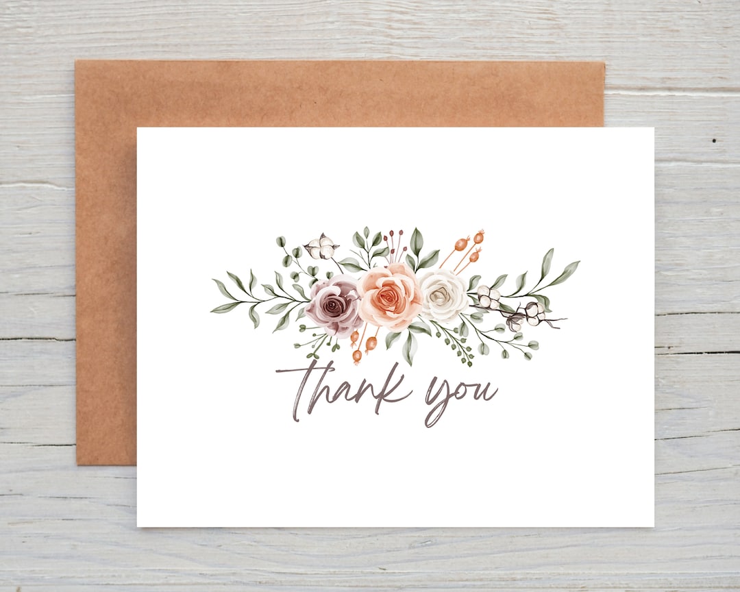 Modern Watercolor Roses Thank You Card, Printable Card, Elegant Thank ...