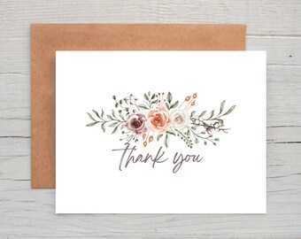 Modern Watercolor Roses Thank You Cards, Boxed Set of 12, Elegant Thank You Cards, Roses, Floral Thank You Card Set, Script