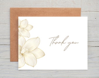 Faux Gold Outlined Floral Thank You Cards, Boxed Set of 12, Lilies, Elegant Thank You Cards