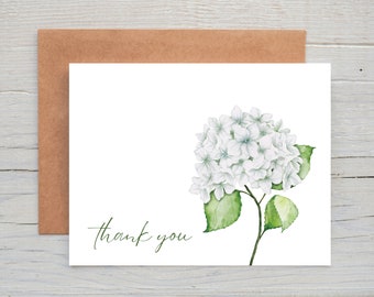 White Hydrangea Watercolor Thank You Cards, Floral Thank You Cards, Elegant, Botanical, Set of 12, Watercolor Flowers