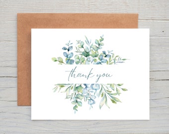 Wedding Thank You Cards, Set of 12 Cards, Eucalyptus Watercolor Thank You Cards, Watercolor Flowers, Thank You Card Pack, Bridal, Bridesmaid