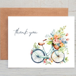 Cartes de remerciement florales aquarelles de bicyclette, carte de remerciement imprimable, jolie carte de remerciement, carte de remerciement heureuse, botanique, téléchargement immédiat