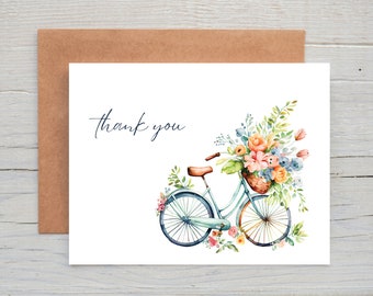 Bicycle Watercolor Floral Thank You Cards, Cute Thank You Cards, Botanical Thank You Cards, Set of 12, Whimsical, Happy Thank You Cards