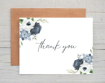 Winter Watercolor Thank You Cards Set of 12, Thank You Card Pack, Seasonal, Dark Blue and White