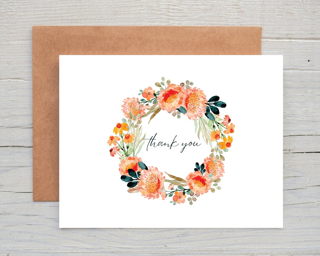 Watercolor Wreath Printable Thank You Card, Digital Download, Floral ...