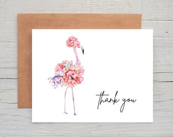 Watercolor Flamingo Thank You Card, Tropical Thank You Cards, Set of 12 Cards, Watercolor Flowers, Watercolor Bird, Thank You Card Pack