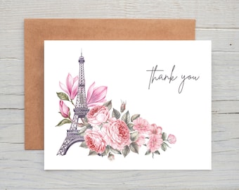 Paris Thank You Cards, Watercolor Thank You Card, Paris Watercolor, Floral, Eiffel Tower, Thank You Card Pack, Botanical, Set of 12