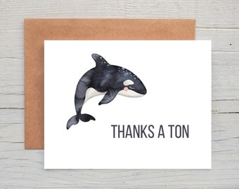 Whale Thank You Card, Thanks a Ton, Watercolor Thank You Cards, Set of 12 Cards, Watercolor Whale, Thank You Card Pack