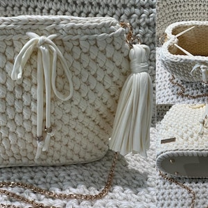 Dalia - Gehaakte schoudertas, handgemaakte tas, moderne stijl, handgebreide tas, gehaakte tas, 3 kleuren, handgeweven crossbody tas