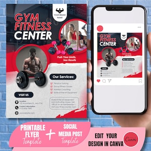 Gym Fitness Flyer & Social Media Post Template | Editable Canva Template | Printable and digital flyer template design | Fitness gym ad