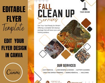 May include: A white flyer with a brown and black geometric design. The flyer advertises fall clean up services with the text "Fall Clean Up Services". The flyer lists services such as leaf removal, lawn mowing, and gutter cleaning. The flyer also includes contact information for the business.