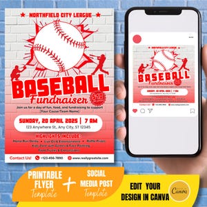 Baseball Fundraiser Flyer Template Design | Editable and Printable flyer plus Social Media Event Flyer | Sports Fundraising Poster Layout
