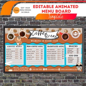 Modelo de Cardápio de Cafeteria Animado Digital - Design Personalizável. Modelo de cardápio de canva pré-fabricado. Cardápio de TV para cafeteria
