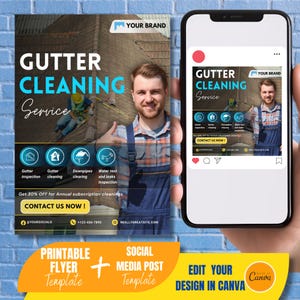 May include: A printable flyer and social media post template for gutter cleaning services. The flyer features a blue and yellow color scheme with a photo of a man in a blue work shirt. The text on the flyer reads "Gutter Cleaning Service" and includes a list of services offered, such as gutter inspection, gutter cleaning, downpipes clearing, and water test and leaks inspection. The flyer also includes a call to action to "Contact Us Now!" and a 30% off discount for annual subscription cleanings. The social media post template features a similar design with a red and white color scheme.