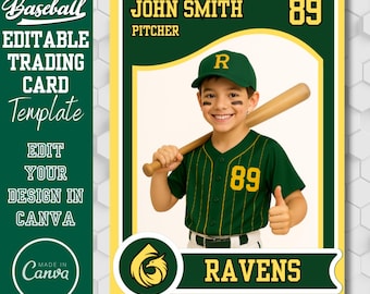 May include: Baseball trading card template featuring a young boy in a green baseball uniform holding a bat. The card includes the text "JOHN SMITH", "PITCHER", and "RAVENS". The card has a yellow border and the number "89". The words "EDITABLE TRADING CARD TEMPLATE" are also visible.