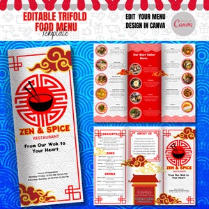 Diseño de menú de restaurante asiático: plantilla tríptico. Plantilla de Canva prediseñada y editable. Plantilla de menú de comida asiática, diseño personalizable