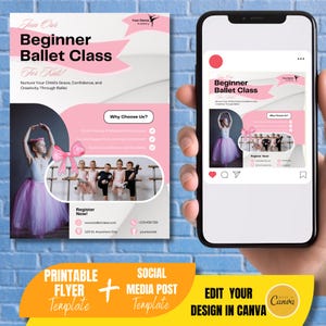 May include: Pink and white flyer template for a beginner ballet class. The flyer features a photo of young dancers in a ballet studio, with the text "Join Our Beginner Ballet Class For Kids!" and "Nurture Your Child's Grace, Confidence, and Creativity Through Ballet". The flyer also includes a section titled "Why Choose Us?" with checkmarks next to the benefits of the class. The flyer includes a call to action to "Register Now!" with a website address, phone number, and social media icons.