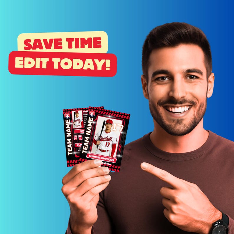 May include: Two baseball trading cards with a red and black design. One card features a player in a baseball uniform with the number 17. The cards are held by a person, and the text "SAVE TIME EDIT TODAY!" is displayed above them.