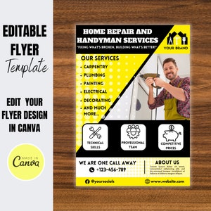 Bewerkbare flyersjabloon voor klusjesmannen, digitale download. Vooraf gemaakte canvasontwerplay-out. Advertenties voor huisreparatie. Promotionele printadvertentie Mr. fix it
