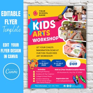 Puede incluir: Un folleto colorido para un taller de arte infantil, con un fondo rosa y amarillo e imágenes de niños creando arte. El folleto incluye fechas, actividades y un enlace de registro. Es una plantilla editable.