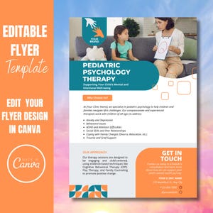 Szablon ulotki poradnictwa dziecięcego do dostosowania. Edytowalny projekt ulotki psychologii pediatrycznej. Gotowy układ szablonu Canva. Pobieranie cyfrowe
