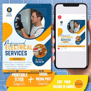 Electrical services flyer template. Electrician digital ad for social media posting. Premade Canva template design. Electrical works flyer